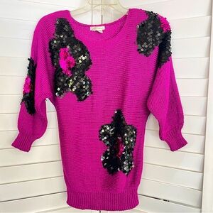 Vintage LILLIE RUBIN Knit Sweater PURPLE Floral Sequins Medium REAR